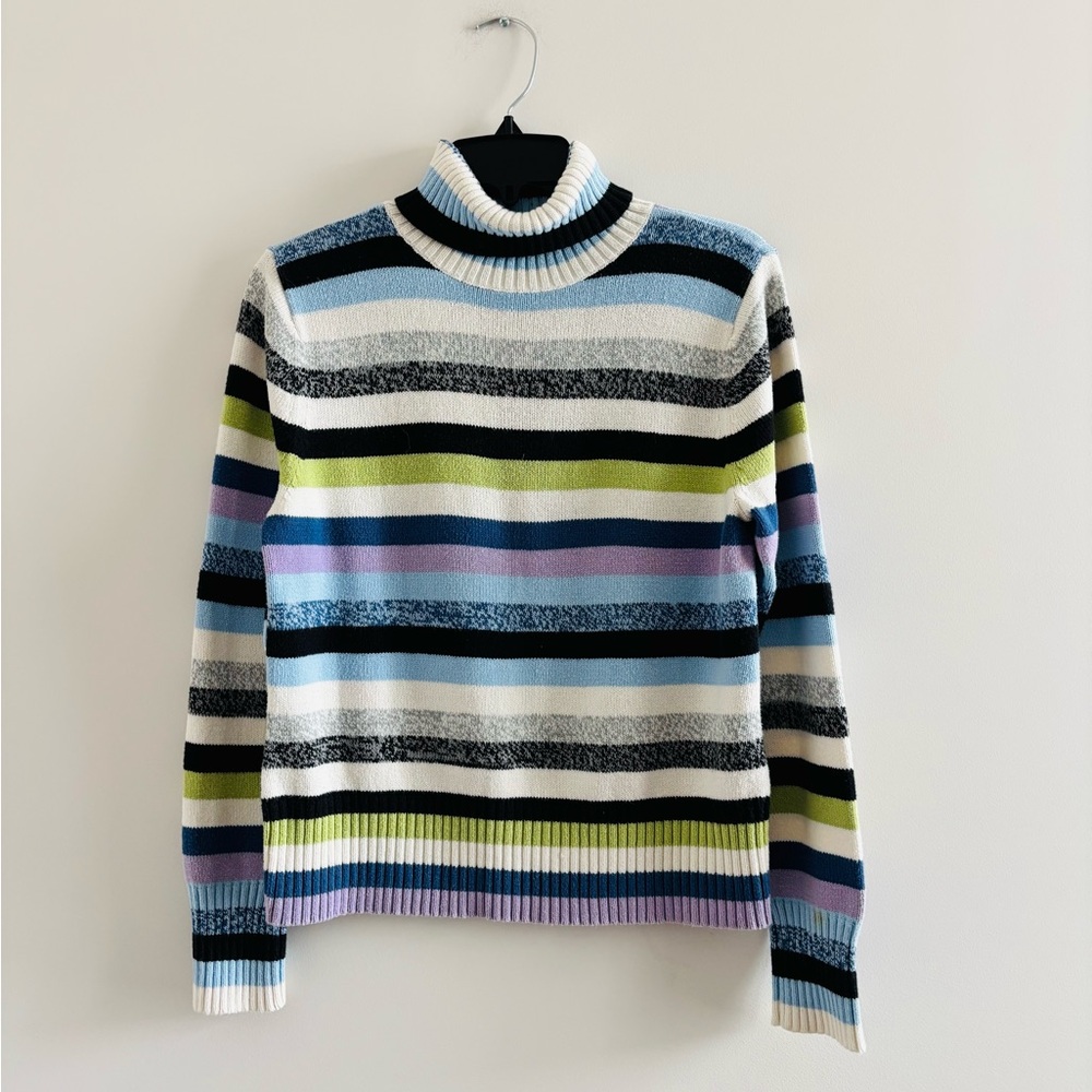90s Liz Claiborne Turtleneck Sweater Pastel Blue Purple Stripe Womens M Preppy